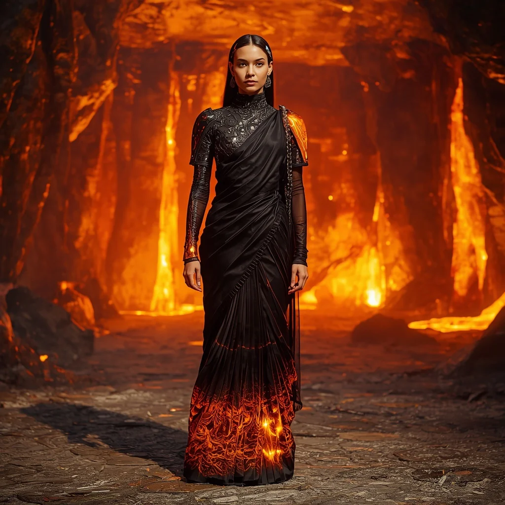 Volcanic Glass Mirage Saree with Heat Distortion Field | Trending Prompt Girls