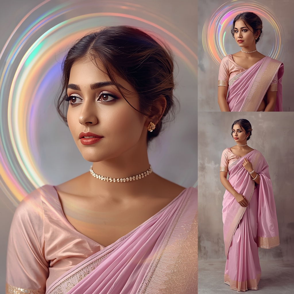 Vortex Pulse Halo Drift Pastel Saree Indian Woman Luxury Composition | Gemini Ai Prompt Saree Copy Paste