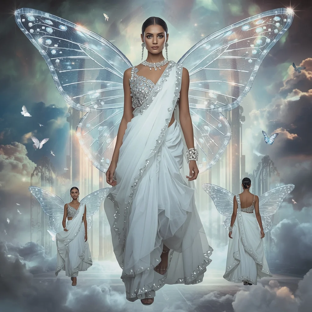 White Angel Butterfly Saree Runway Collage with Heavenly Aurora Cathedral Background | Gemini Prompt