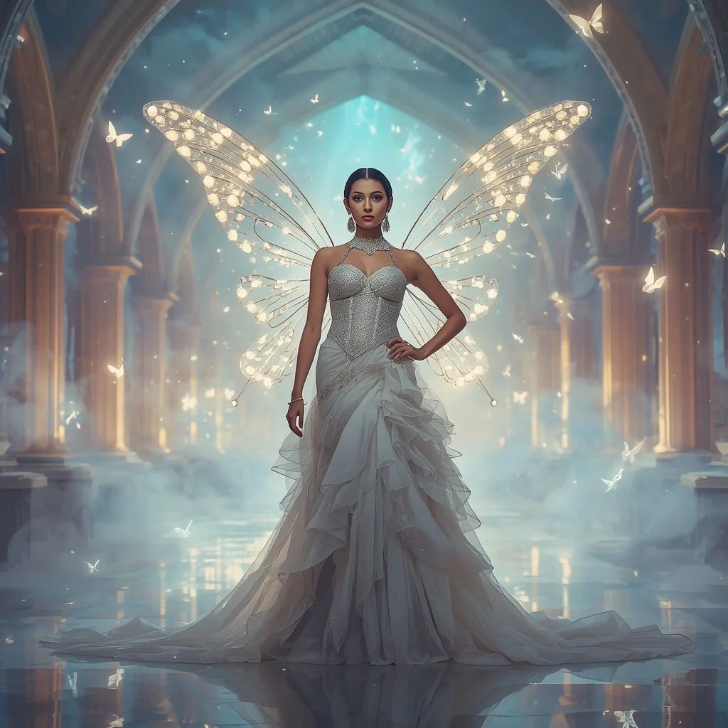 White Angel Butterfly Saree with Heavenly Aurora Cathedral Background | Instagram Highlight Cover Ai Prompt
