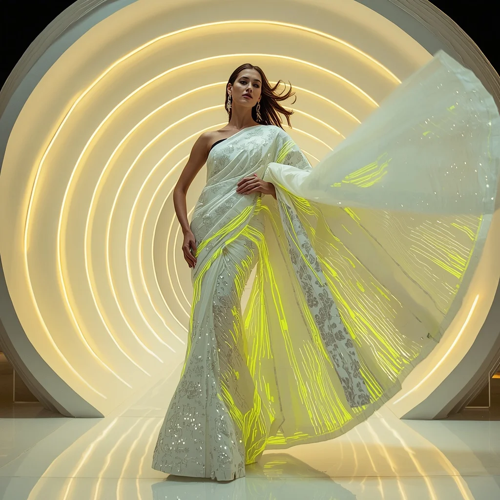 White Chrome and Neon Yellow Fiber Optic Saree with Clean Architecture Pod | Prompt Gemini
