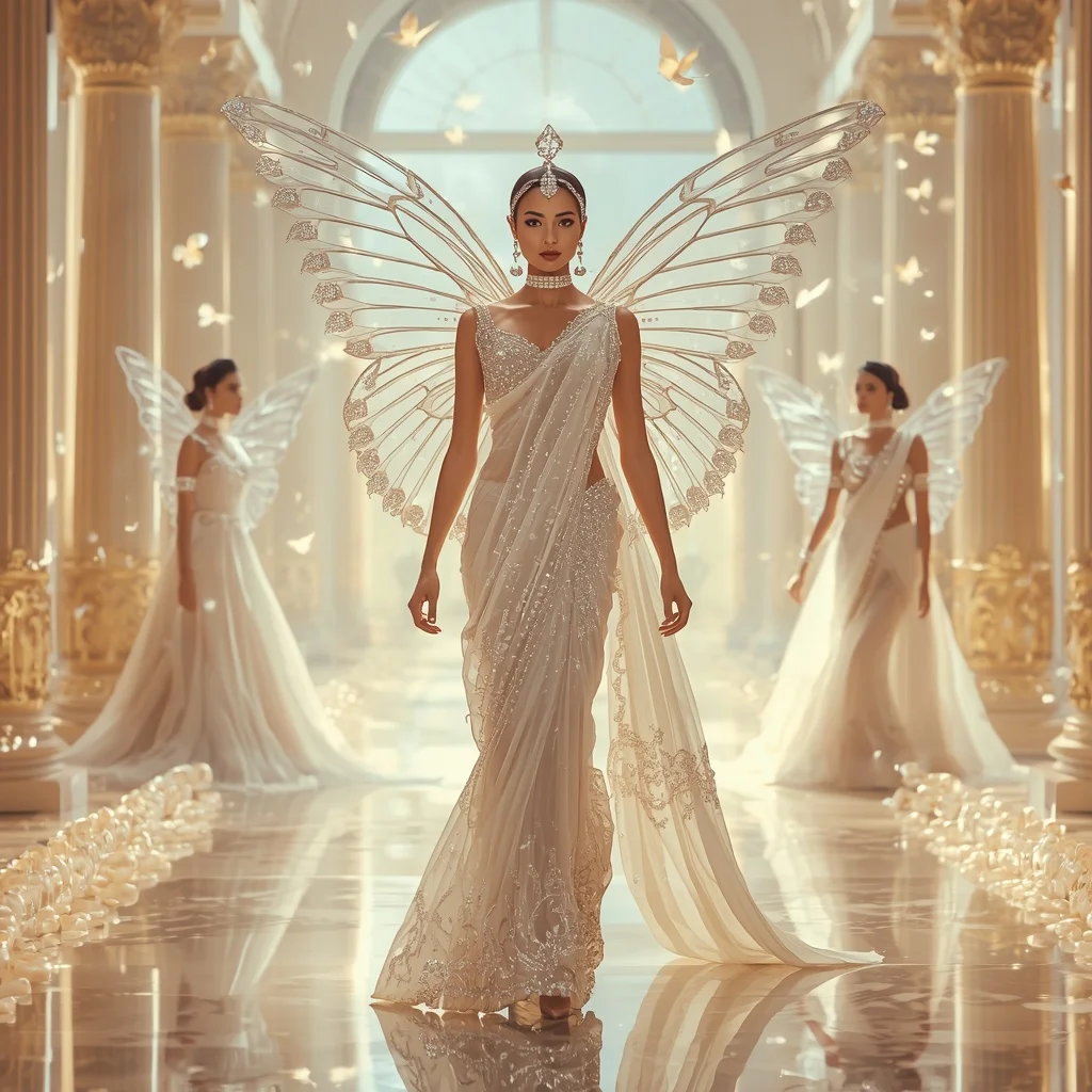 White Diamond Butterfly Queen Saree  Angelic Multi-Pose Crystal Couture with Heavenly Palace Background | Viral Instagram Ai Prompt