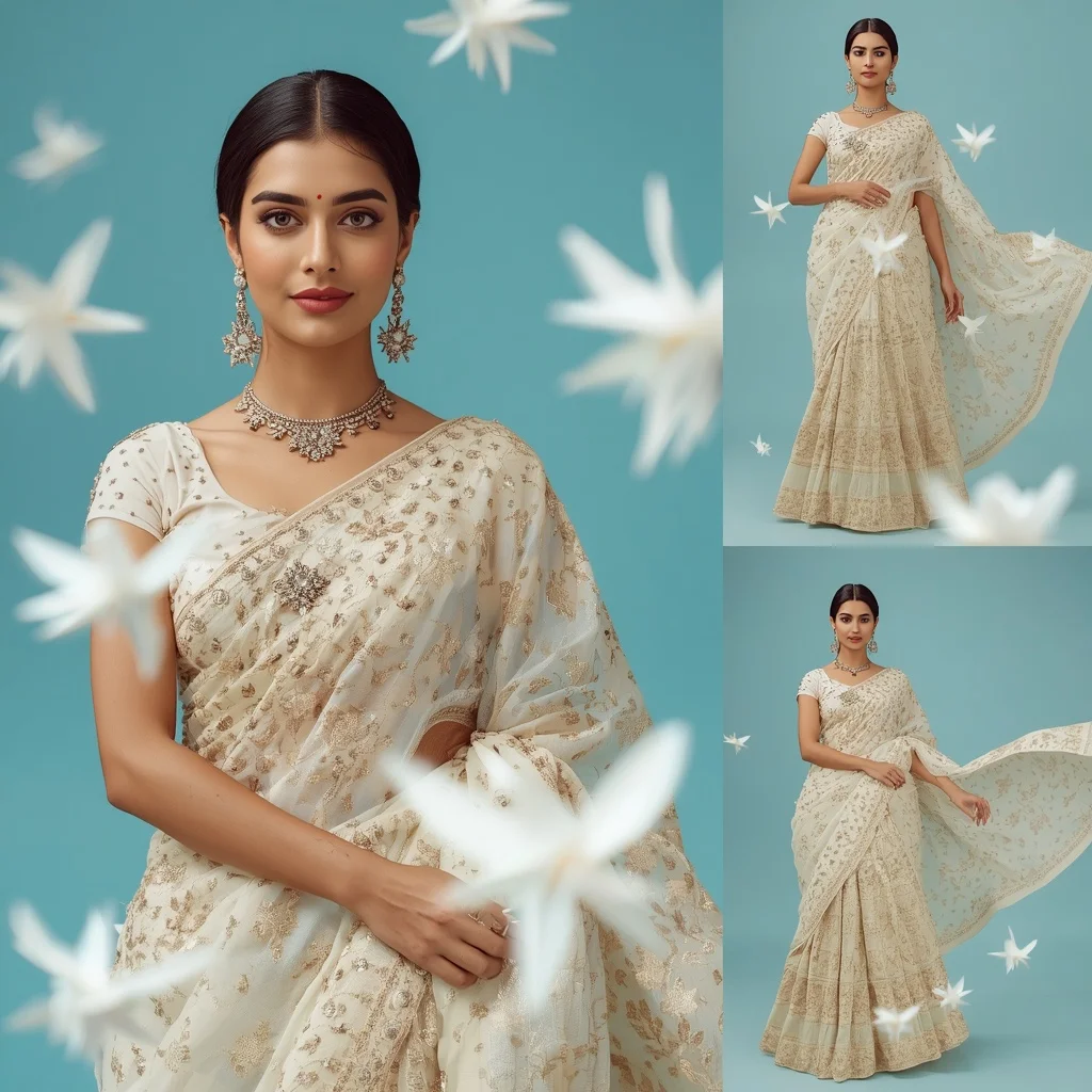 White Porcelain Origami Stars Festive Saree Look Premium | Trending Prompts For Instagram For Girl