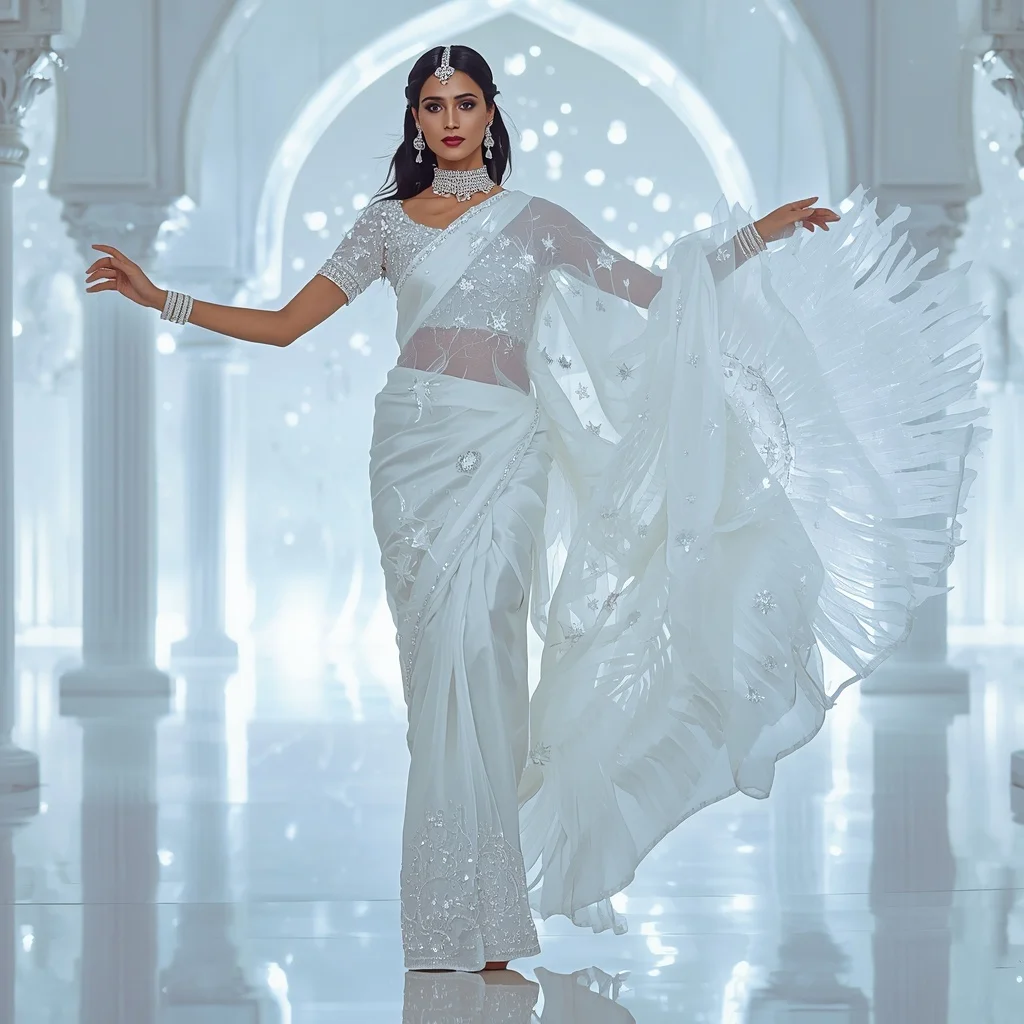 White Swan Ether Celestial Drift Saree – Elegant Couture Saree with Graceful Hover Pose and Ether Celestial Palace Background | ChatGPT Photo Editing Prompts Trending Instagram For Girl