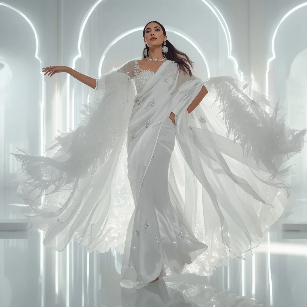 White Swan Ether Nova Drift Saree – Elegant Couture Saree with Graceful Hover Pose and Ether Nova Drift Palace Background | Cute Ai Prompt