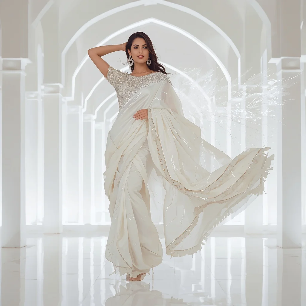 White Swan Ether Nova Saree – Elegant Couture Saree with Graceful Hover Pose and Ether Nova Palace Background | Instagram Story Ai Prompt